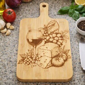 Custom Laser Engraved Bamboo Cutting Board - 15.5 X 7.6 Inch -Wine Cheese Images